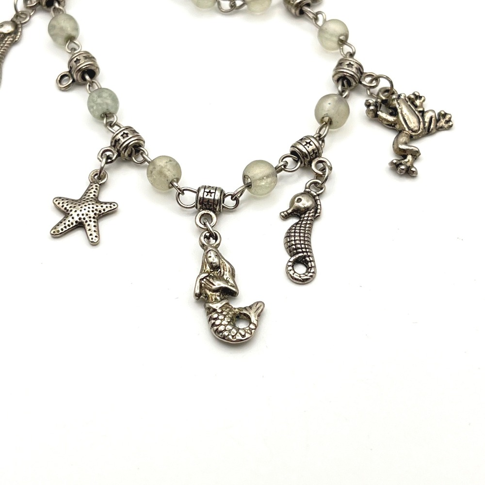 Silver Tone Ocean Charm Bracelet Mermaid Seahorse‎ Starfish Green Beads 7.5 Inch